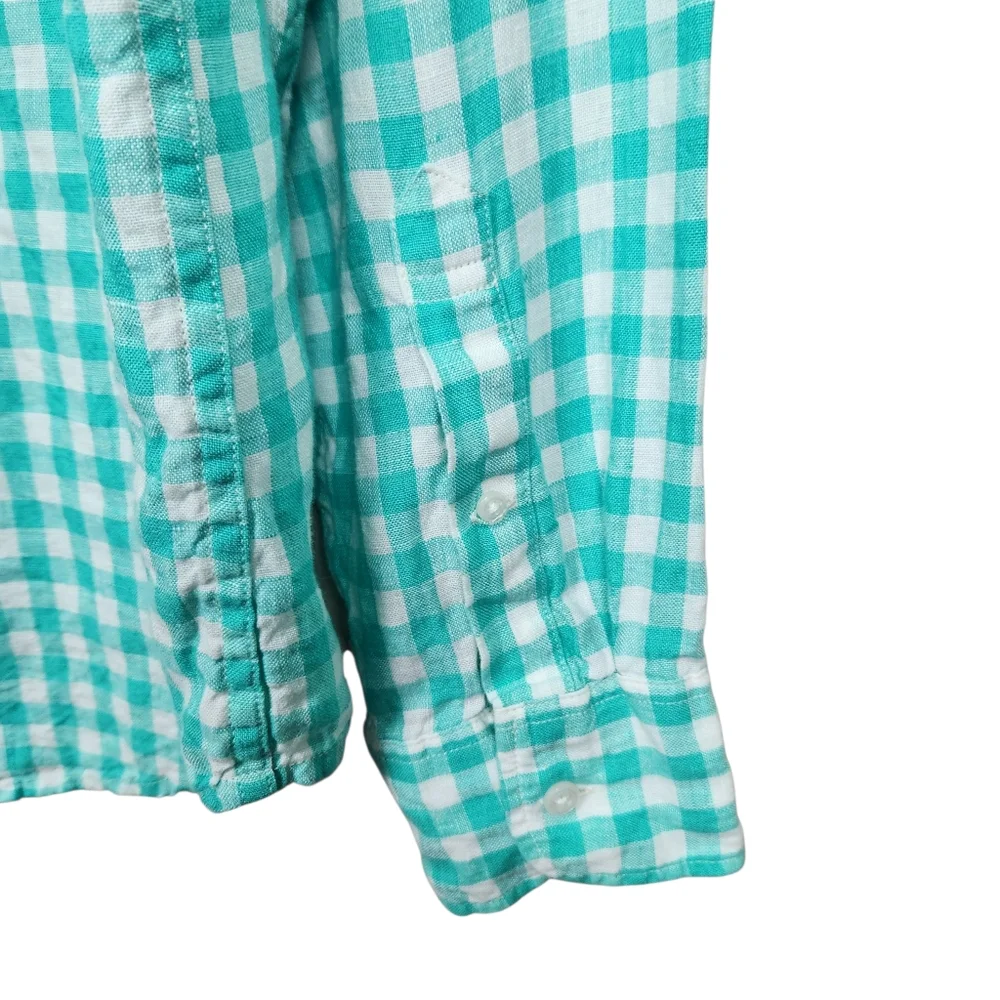 J. Crew Baird McNutt Irish Linen Green White Plaid Button Up Shirt Mens Size LT
